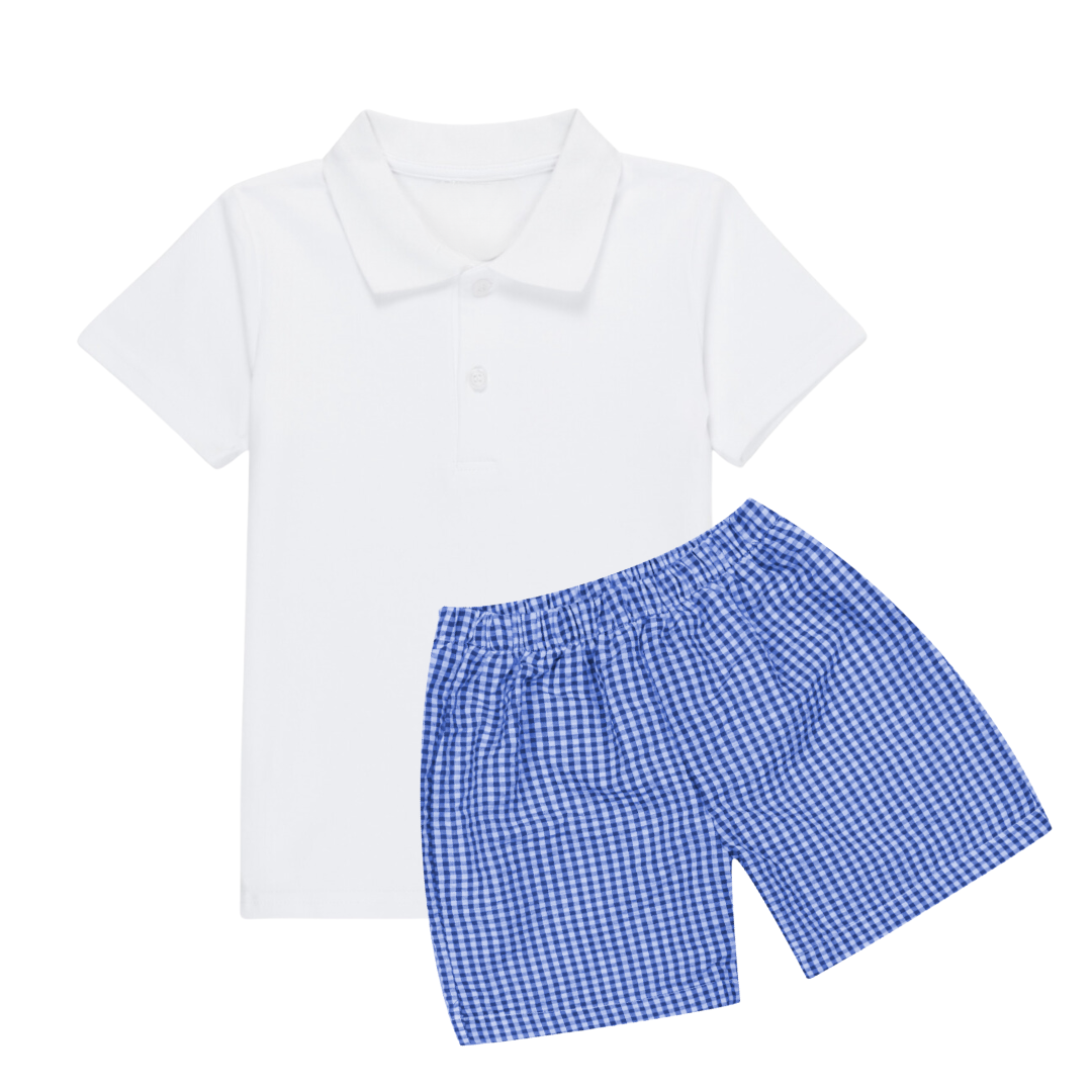 White Short Sleeve Polo + Seersucker Shorts