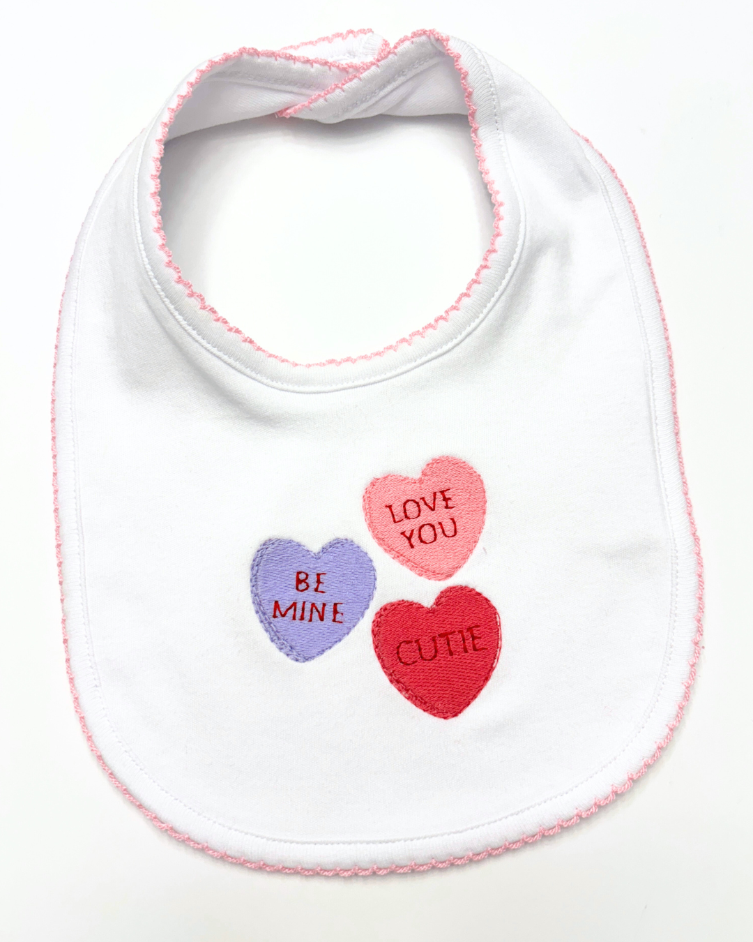 Ready to Ship- Valentine's Day Pink Conversation Hearts Picot Trim Bib