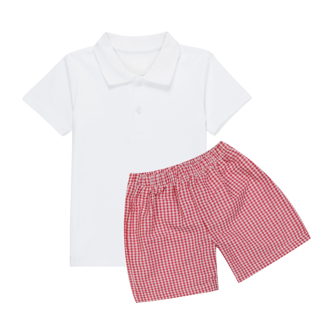 White Short Sleeve Polo + Seersucker Shorts