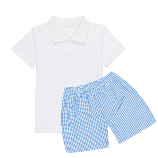 White Short Sleeve Polo + Seersucker Shorts