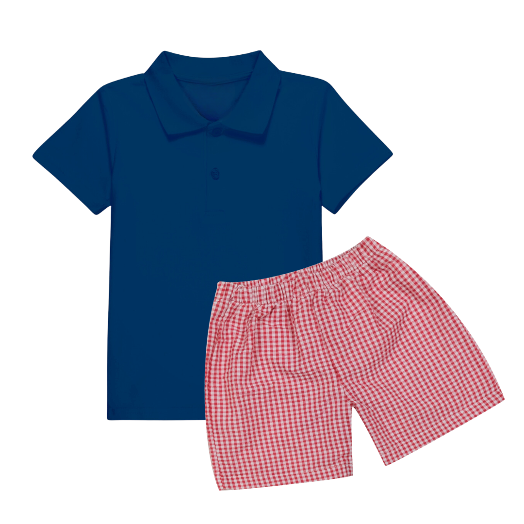 Navy Short Sleeve Polo + Seersucker Shorts