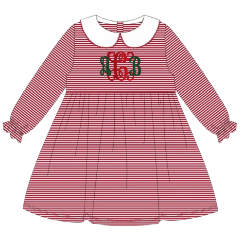 Christmas Ruffle Long Sleeve Peter Pan Collar Striped Dress