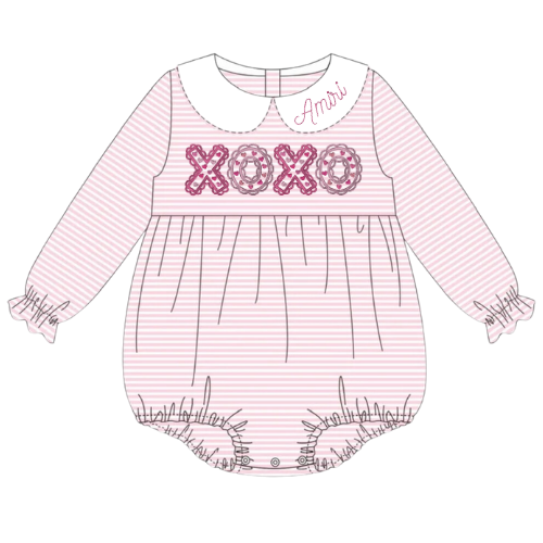 Valentine's Ruffle Long Sleeve Striped Peter Pan Collar Bubble