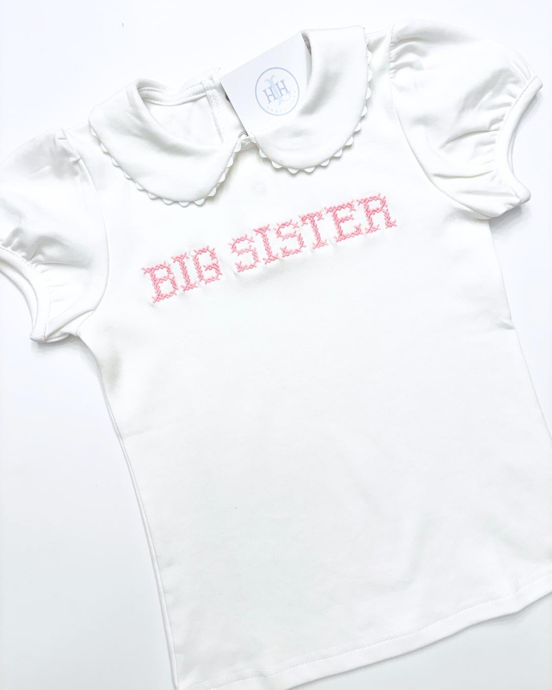 Ready to Ship- Cross Stitch Big Sister Ric Rac Short Sleeve Shirt