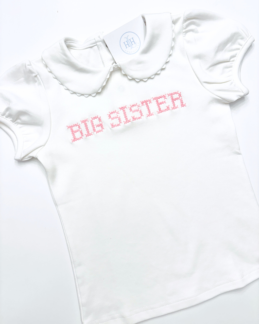 Ready to Ship- Cross Stitch Big Sister Ric Rac Short Sleeve Shirt